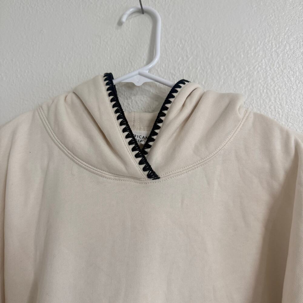American Eagle Contrast Stitch Crossover Hoodie Cream Black Basic Size Medium - Picture 3 of 7
